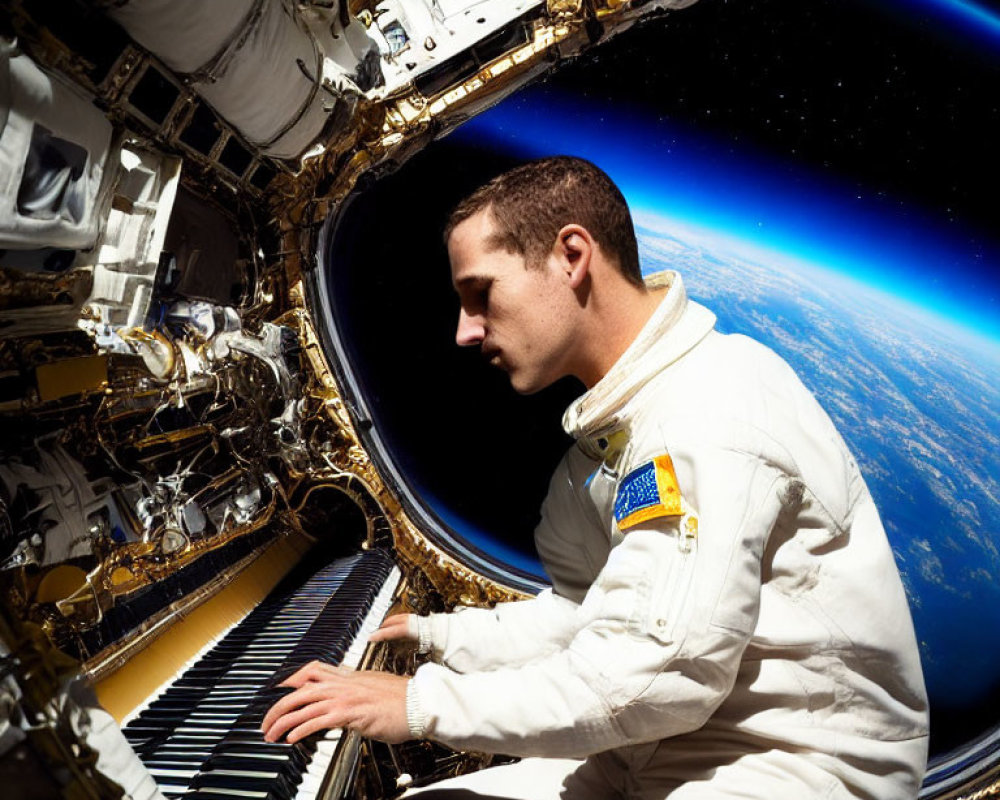 Astronaut in white space suit playing keyboard in spacecraft with Earth's curvature visible.