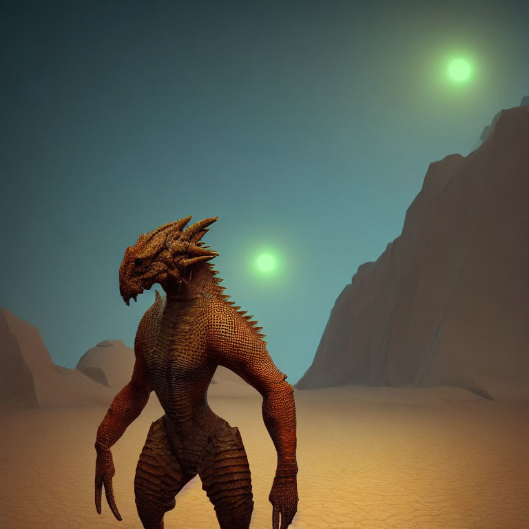 Majestic dragon in desert with two green moons