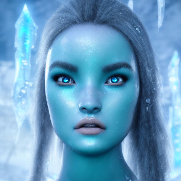 Blue-skinned fantasy character with icy crystals in cold, blue light