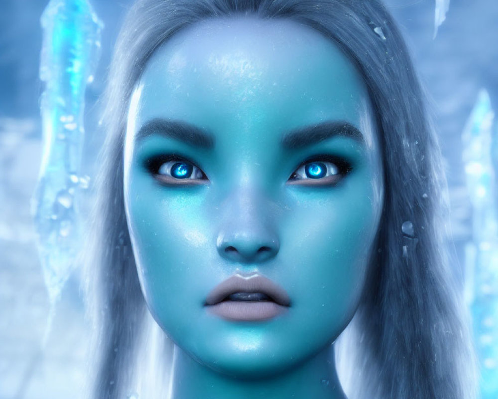 Blue-skinned fantasy character with icy crystals in cold, blue light