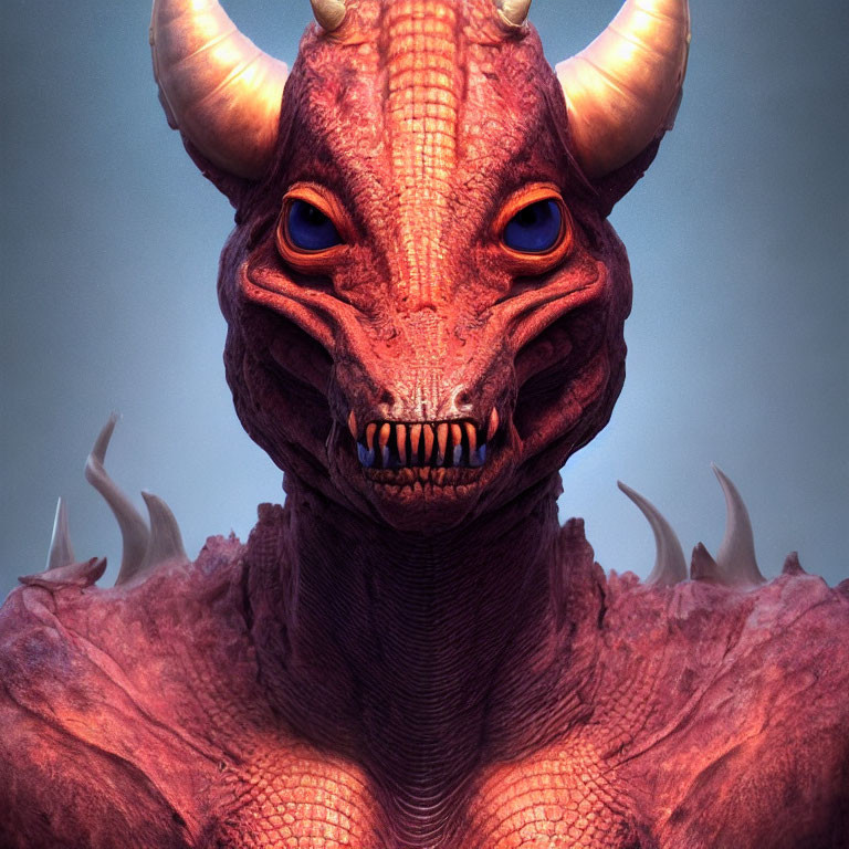 Detailed Close-up of Red Dragon with Blue Eyes and Sharp Teeth