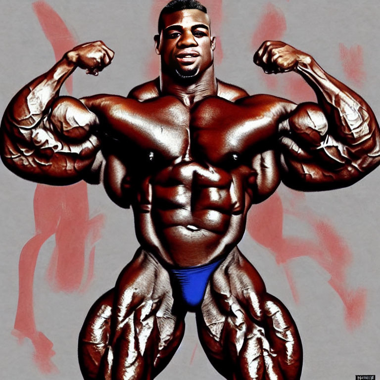 Exaggerated digital artwork of a muscular man flexing arms and abs