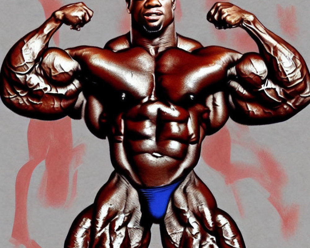 Exaggerated digital artwork of a muscular man flexing arms and abs