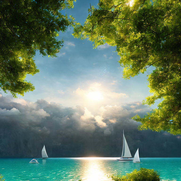 Tranquil lake scene with sailboats, sunlight, and greenery