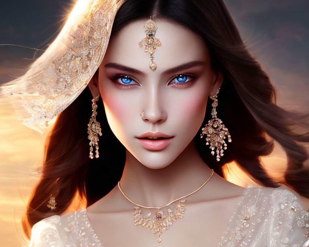 Illustrated Woman with Blue Eyes and Gold Jewelry on Warm Background