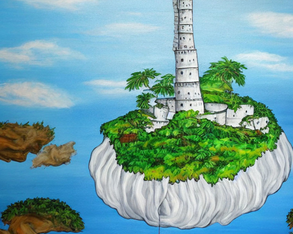 Floating Island Painting with Lighthouse and Greenery