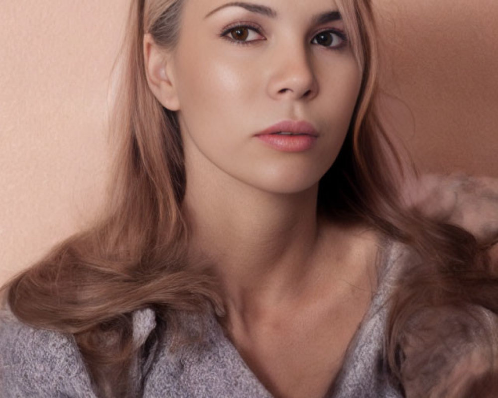 Blonde woman in gray sweater on pink background