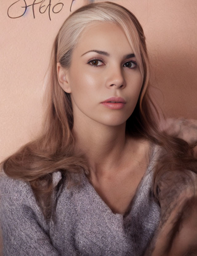 Blonde woman in gray sweater on pink background