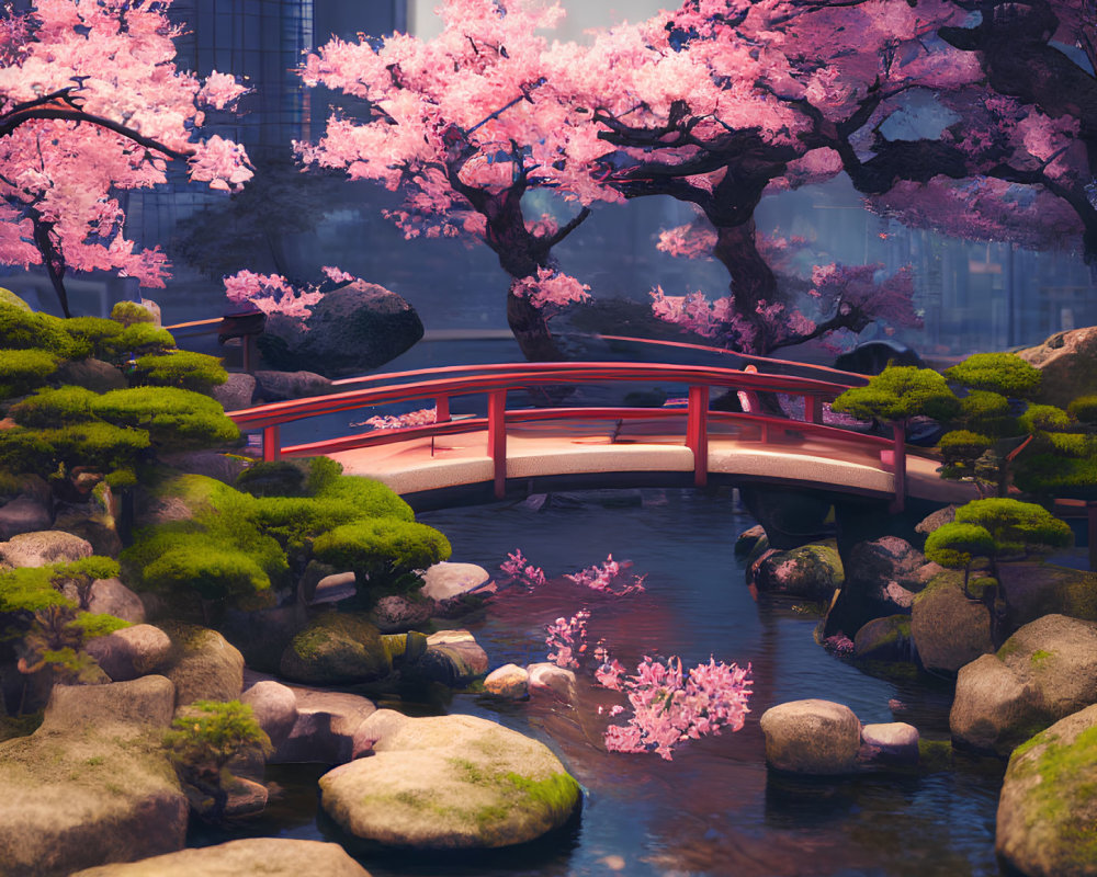 Tranquil Japanese garden with red arched bridge, cherry blossoms, rocks, and pine trees