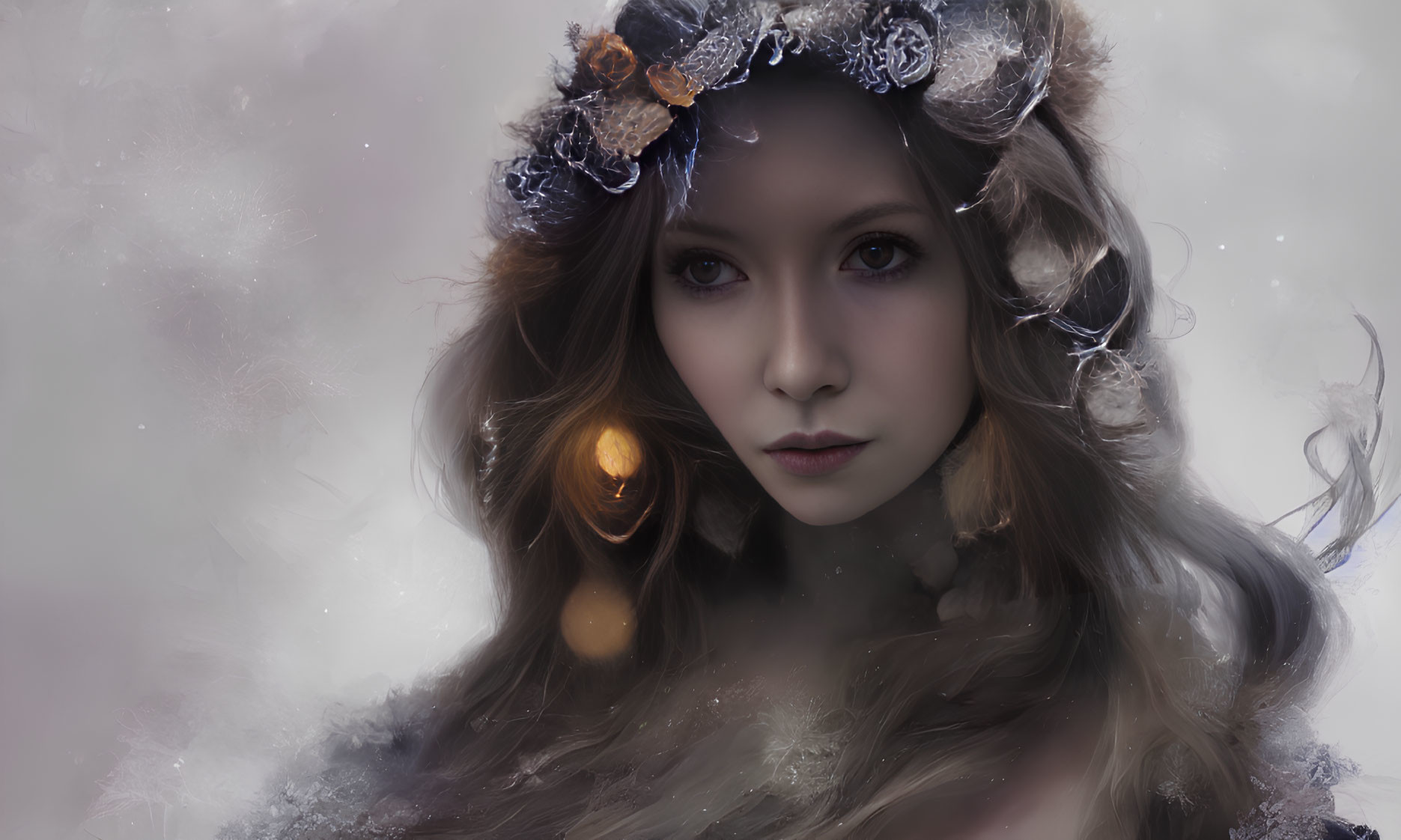 Mystical female figure with floral crown in soft mist