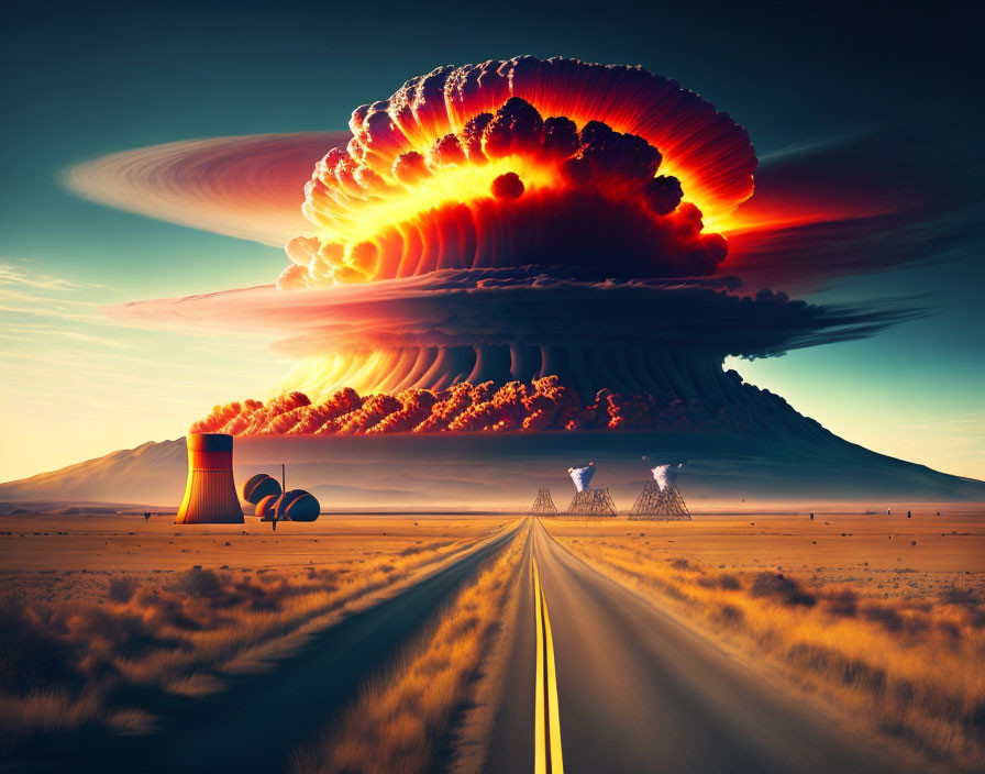 Explosion aftermath: Mushroom cloud over desert road