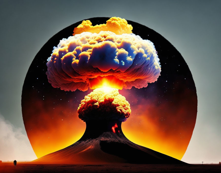 Volcanic eruption creates massive mushroom cloud at twilight.