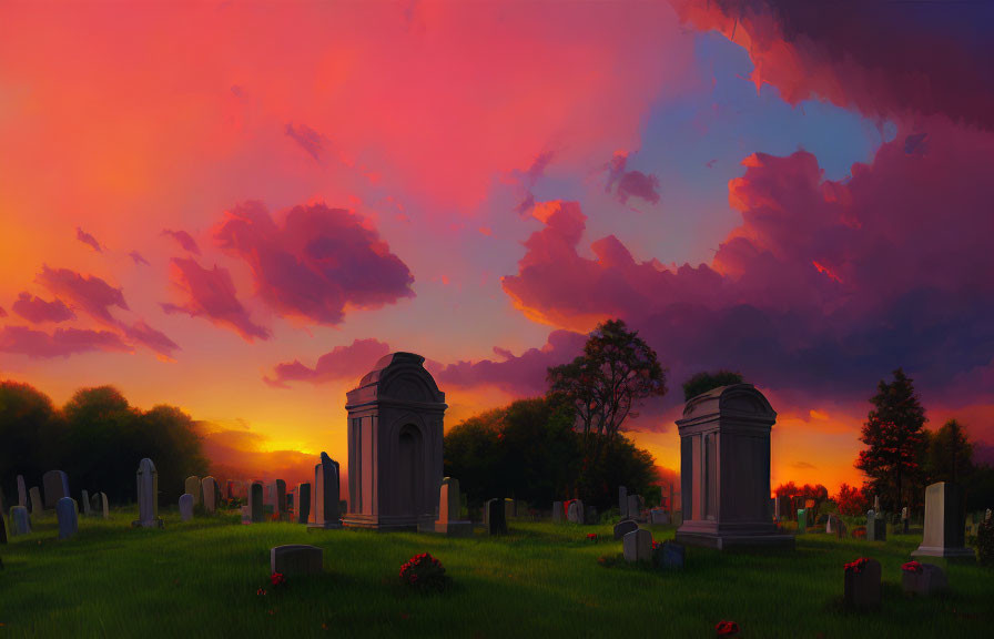 Sunset scene at peaceful cemetery with orange and pink sky hues over ornate gravestones.