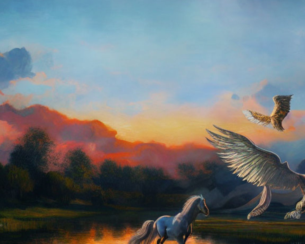 Winged horse near water at sunset with vivid sky