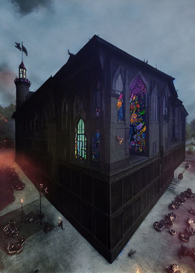 Gothic-style building with vibrant stained-glass windows at twilight