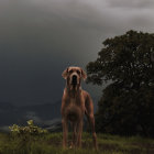 Surreal painting: Dogs in totem pole formation on grassy hill with castle and stormy