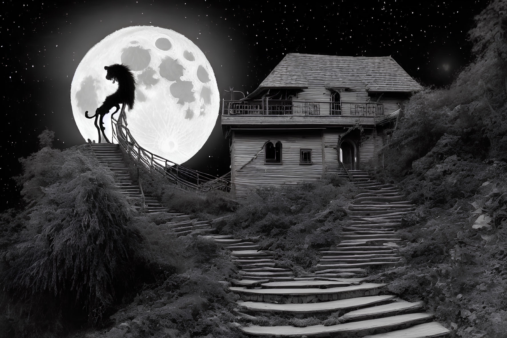 Monochromatic image of howling wolf silhouette on cliff with full moon and old house.