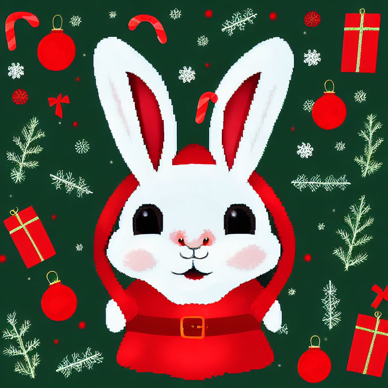 Cartoon rabbit in Santa outfit on Christmas-themed background