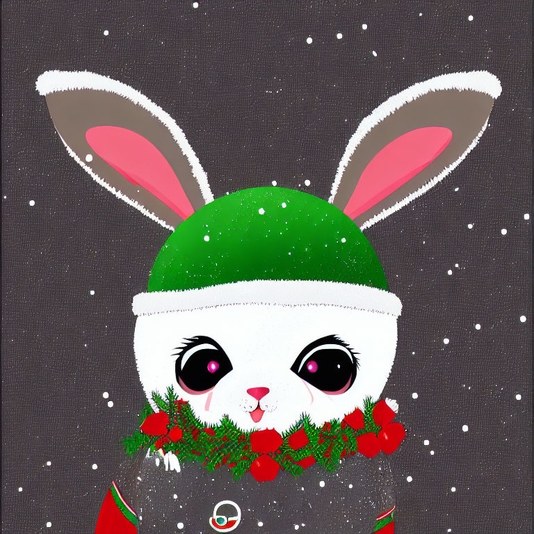 White Bunny in Christmas Hat and Holly Scarf on Snowy Background