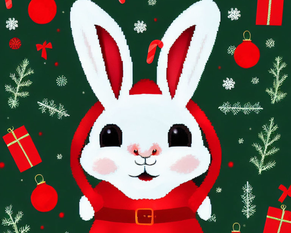 Cartoon rabbit in Santa outfit on Christmas-themed background