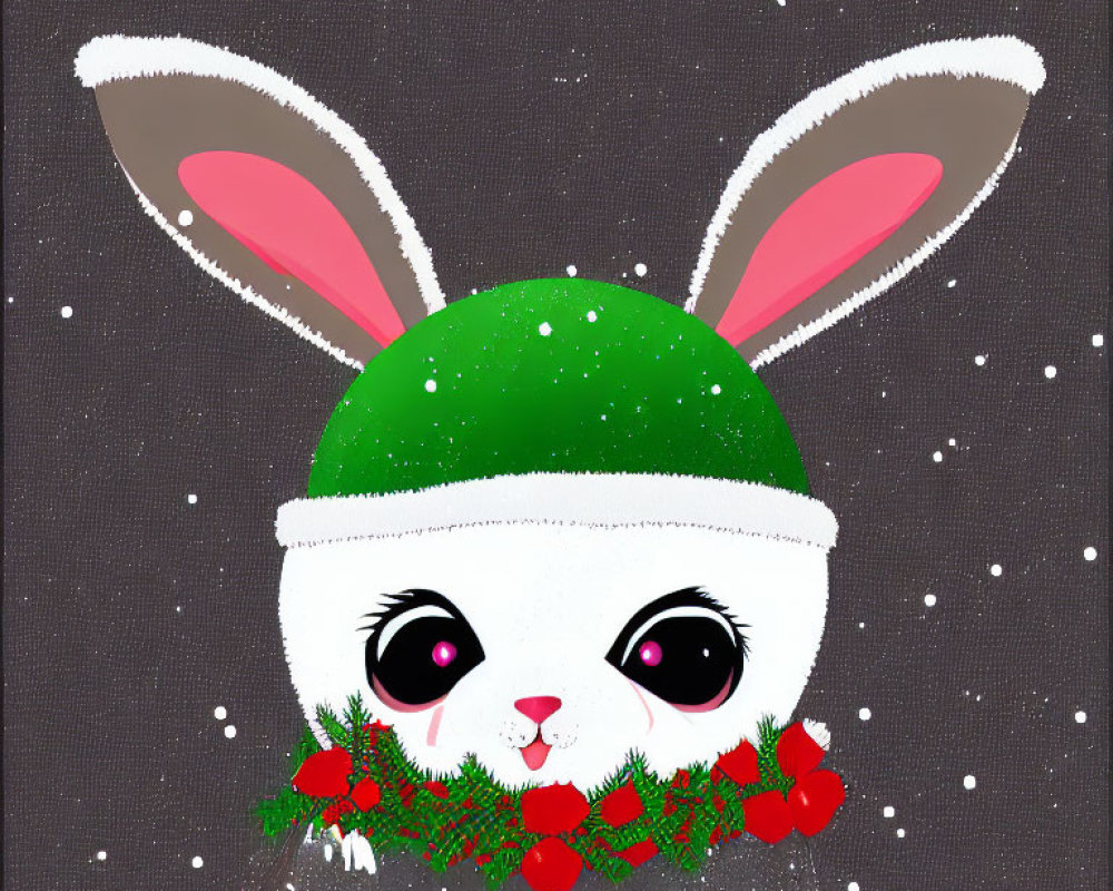 White Bunny in Christmas Hat and Holly Scarf on Snowy Background