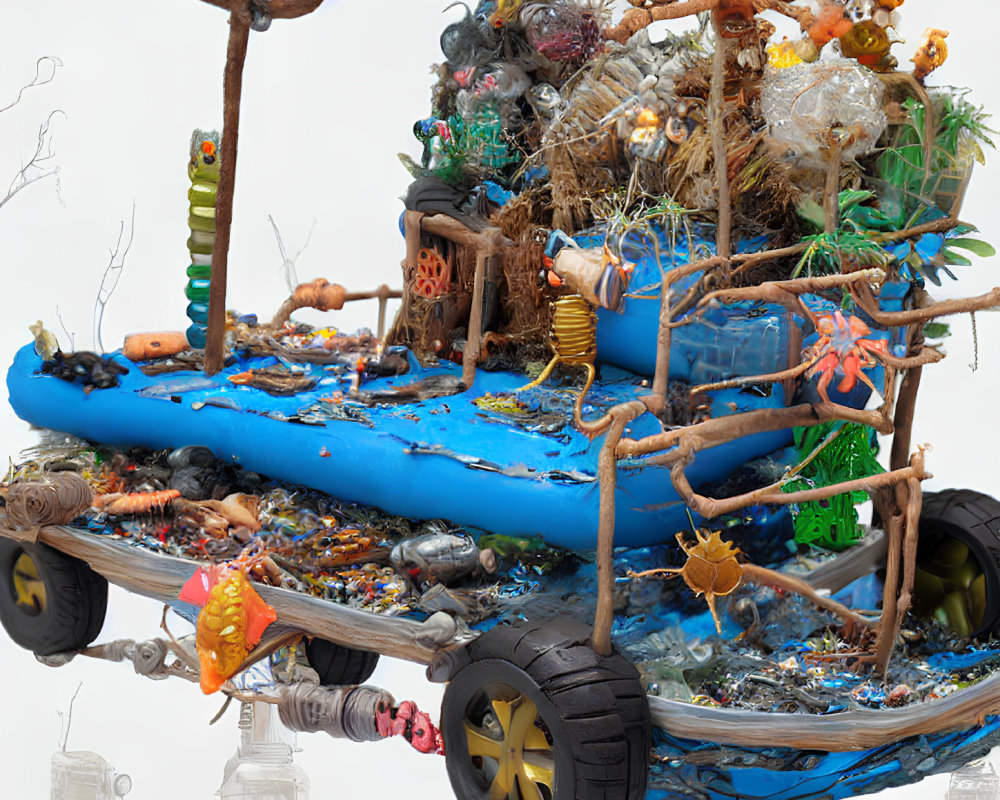 Colorful sculpture of vehicle with eclectic adornments and textures