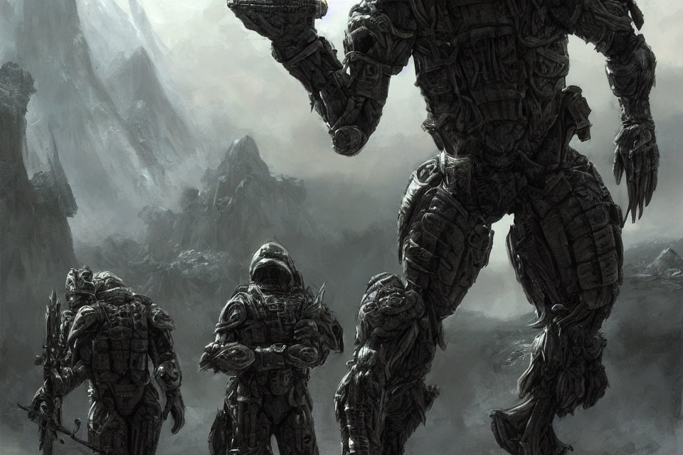 Armored Figures and Robot in Misty Mountain Sci-Fi Scene