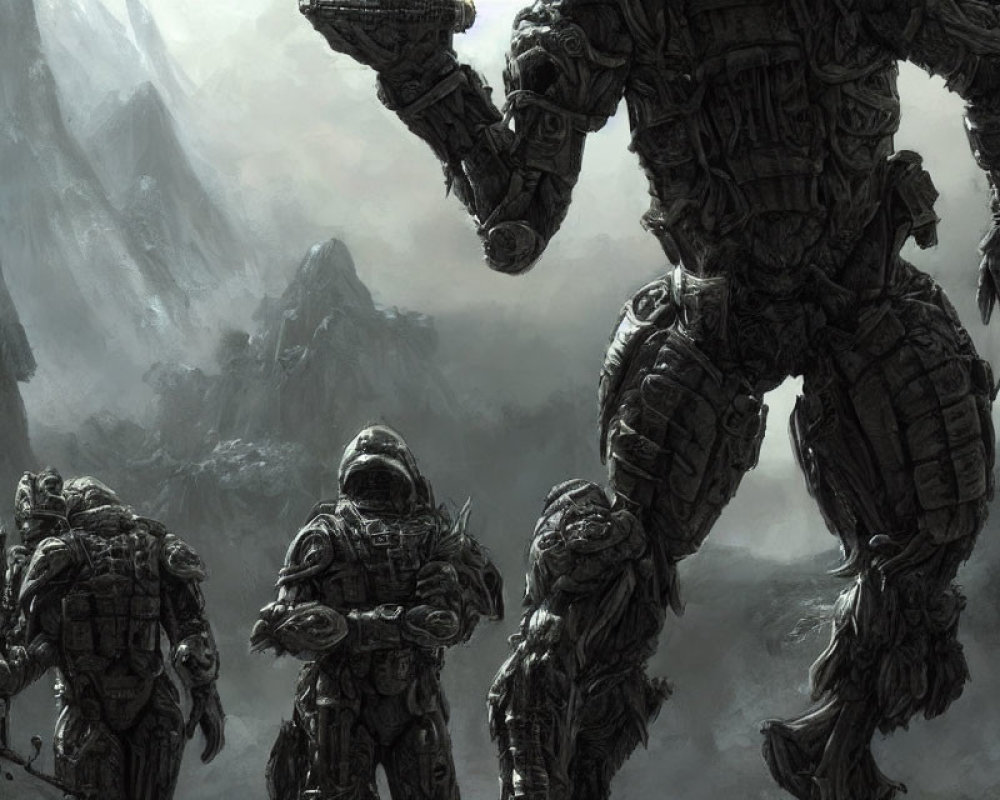 Armored Figures and Robot in Misty Mountain Sci-Fi Scene