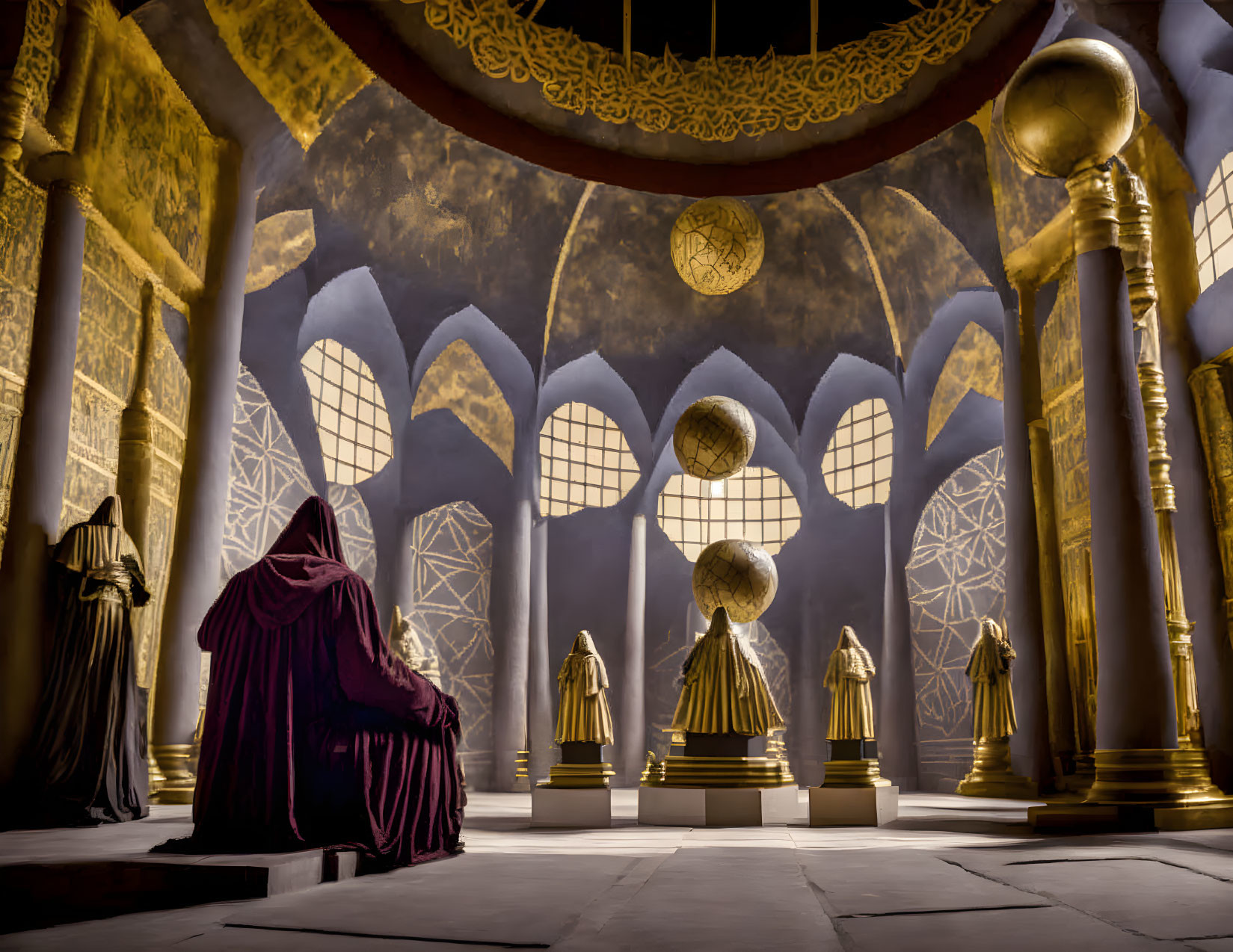 Opulent hall with golden accents, statues, and robed figure.