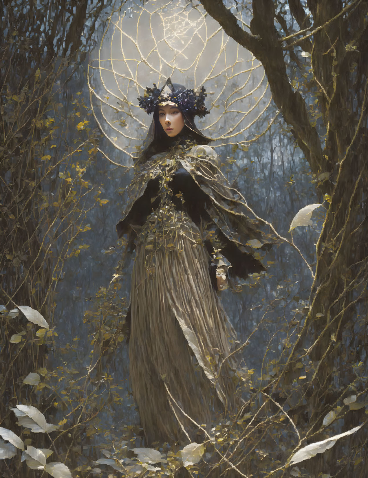 Mystical female figure in dark ornate dress in forest setting