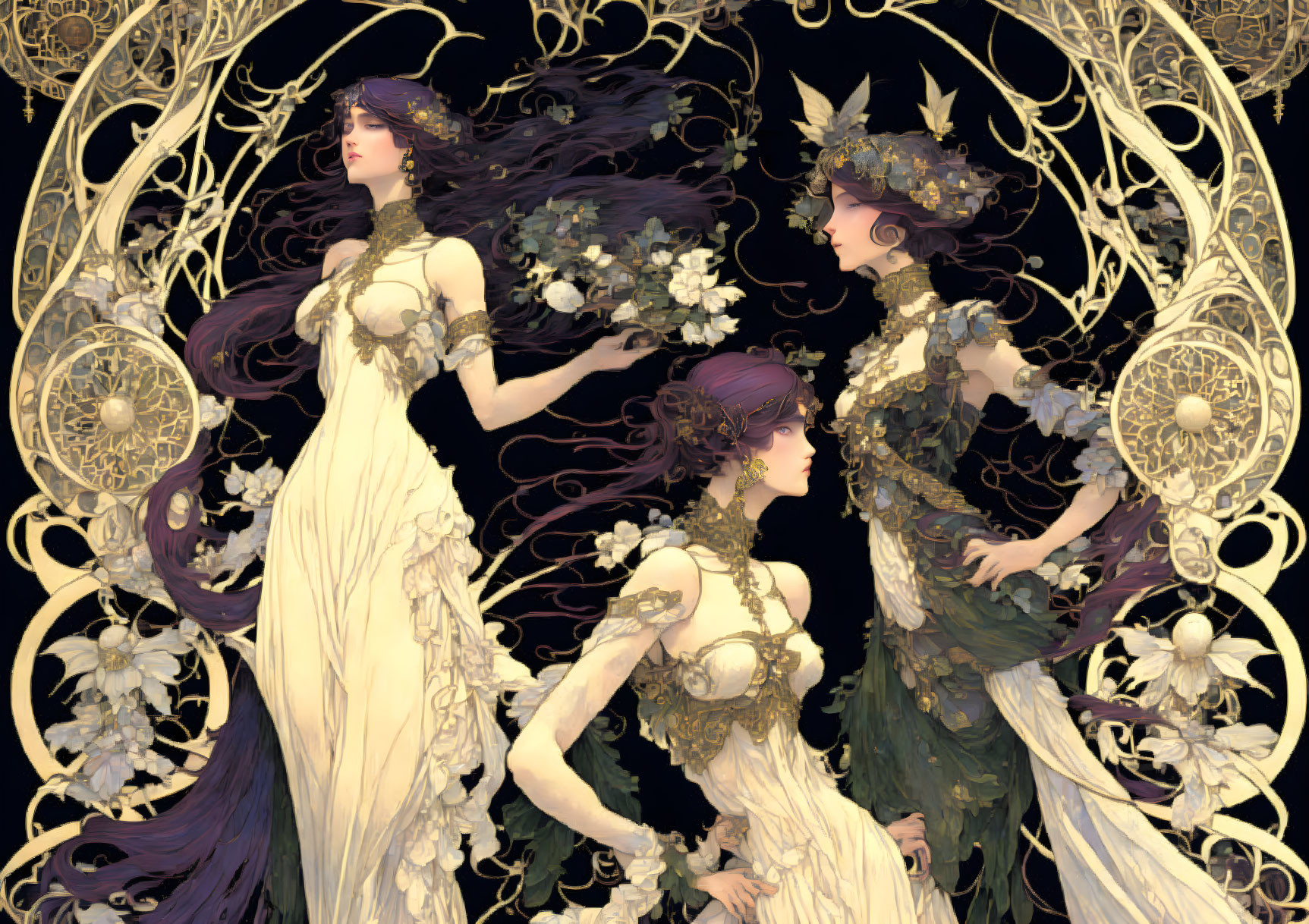 Ethereal women in floral dresses against gold Art Nouveau frames