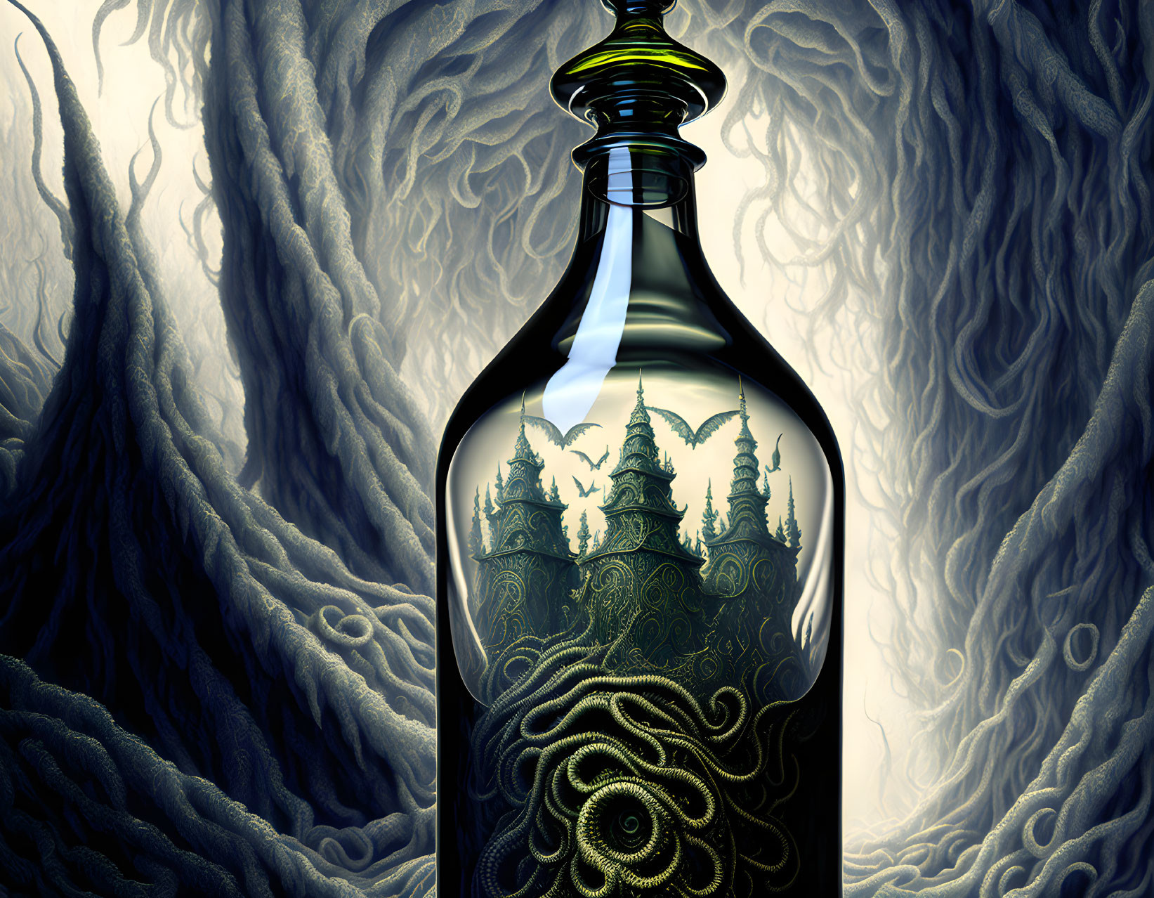 Intriguing Castle and Dragon Scene in Mystical Bottle