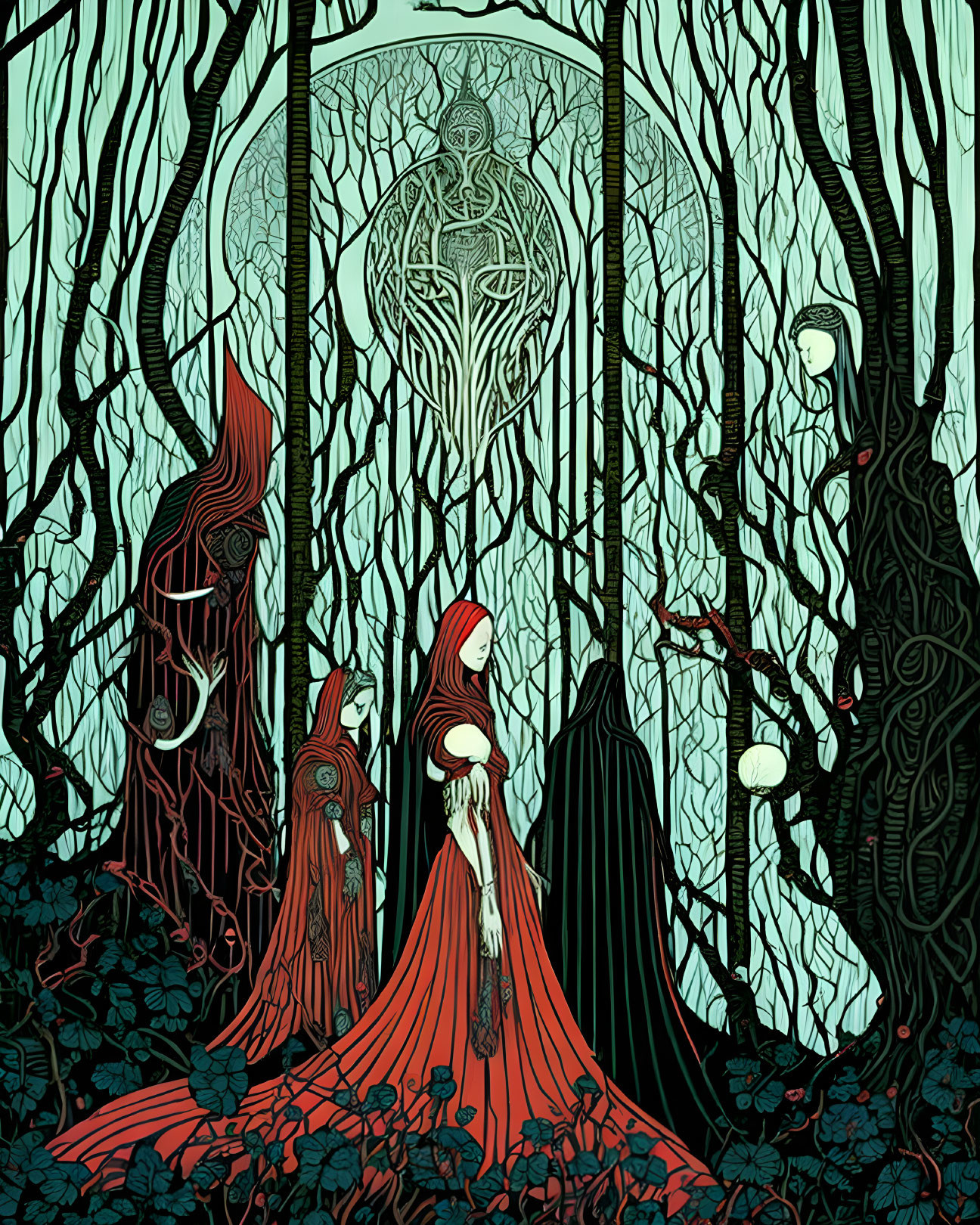 Mystical forest illustration with robed figures and ethereal entity