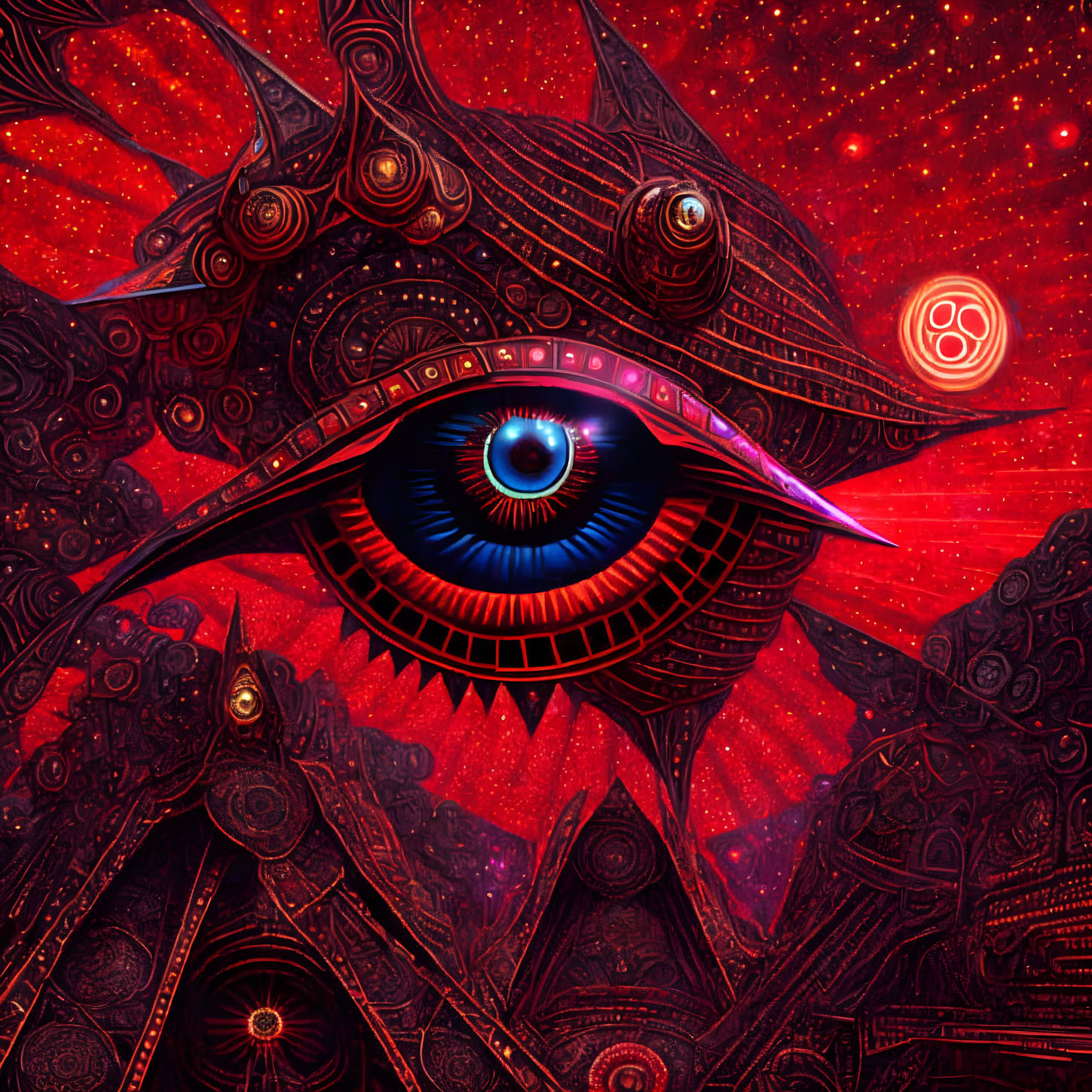 Vivid Cosmic Digital Artwork with Central Eye & Celestial Motifs