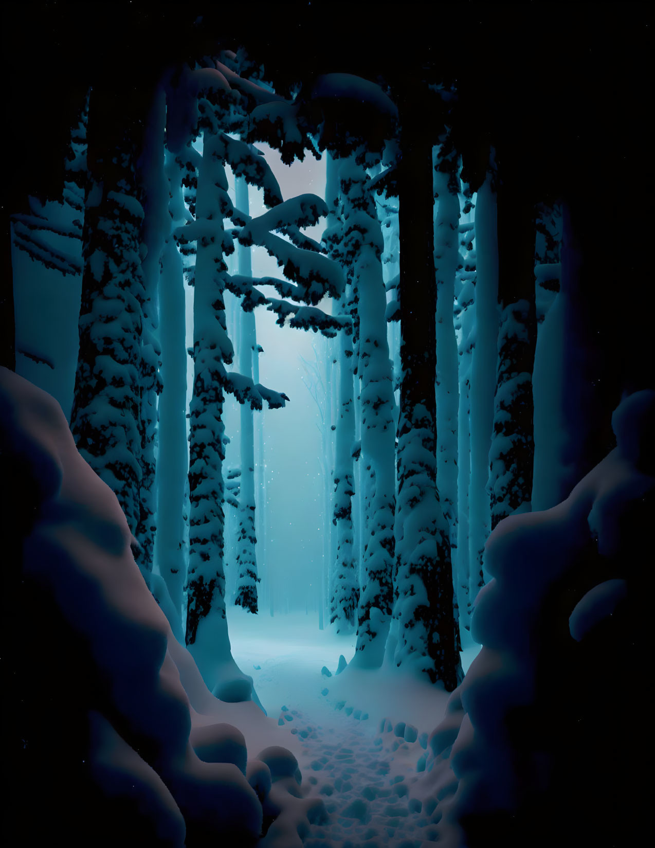 Snowy Night Forest: Tranquil Scene with Snow-Covered Trees