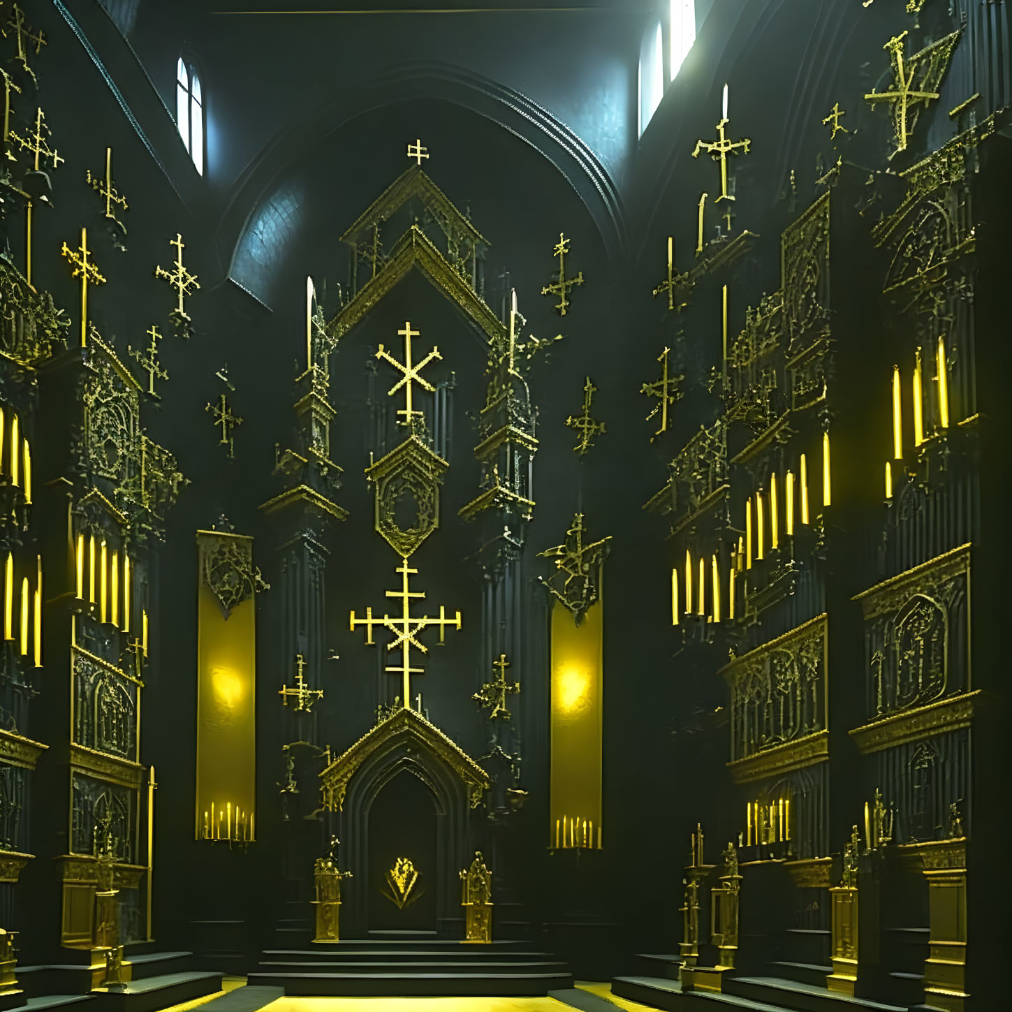 Gothic Cathedral Interior with Golden and Black Crosses