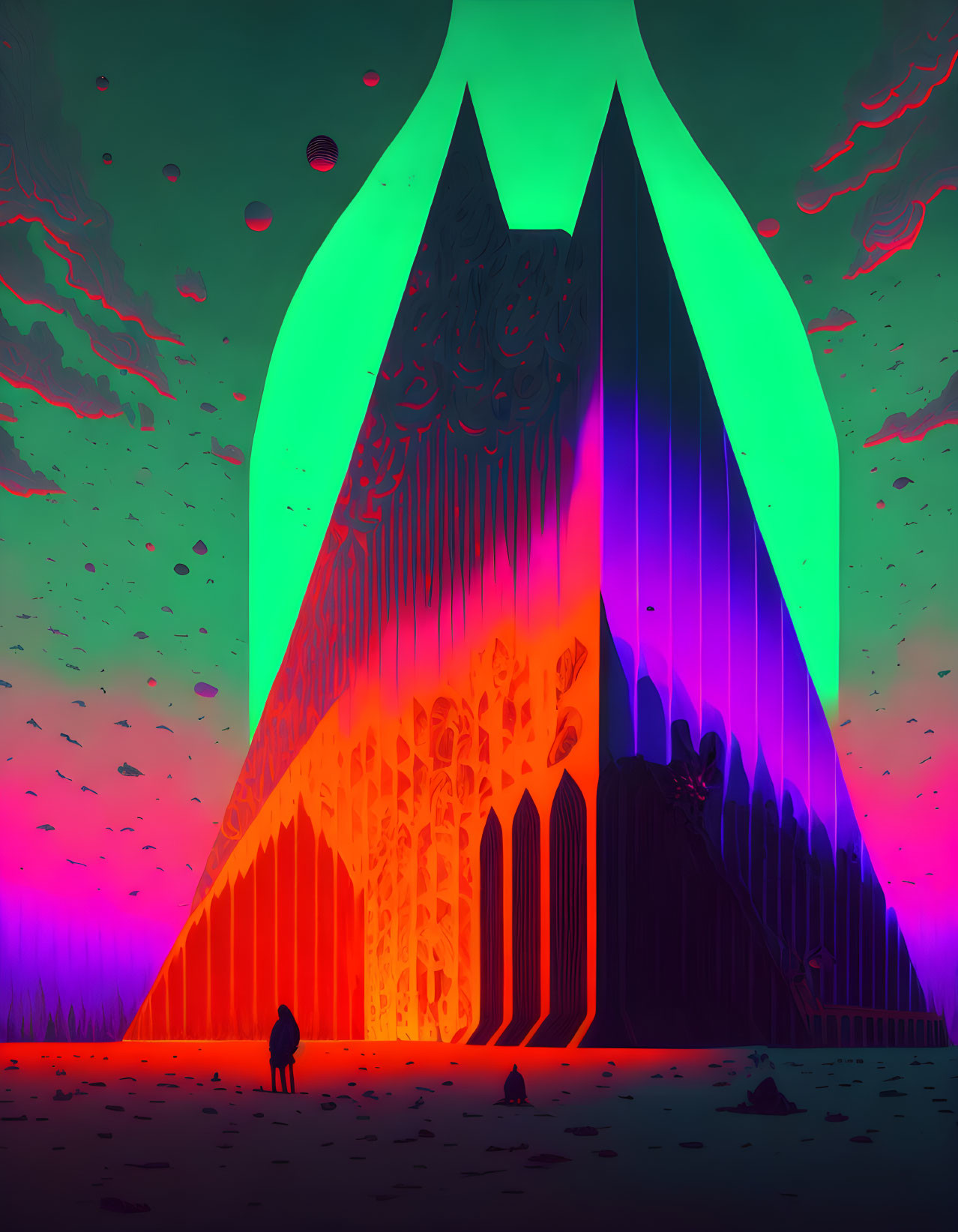 Vibrant neon-lit structure under surreal colorful sky