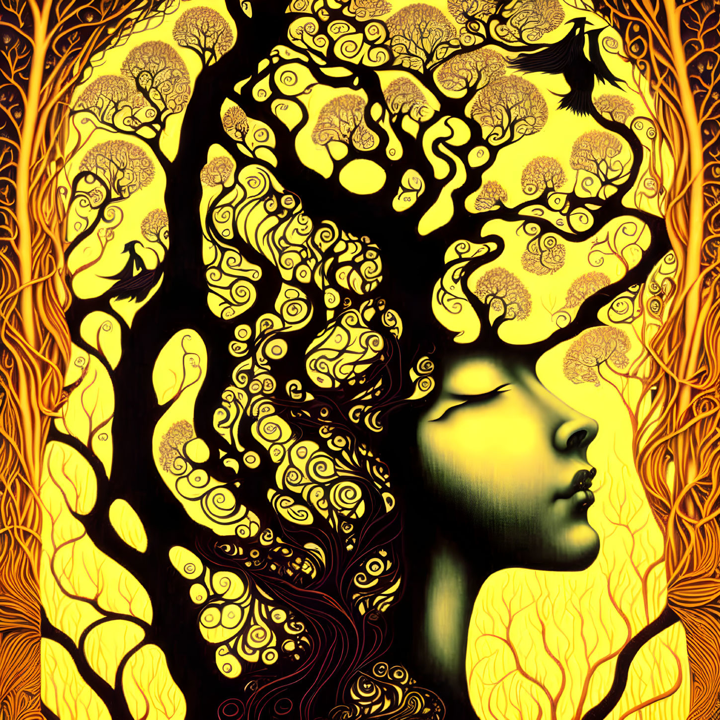 Woman's profile blending into golden tree branches: A detailed artistic representation