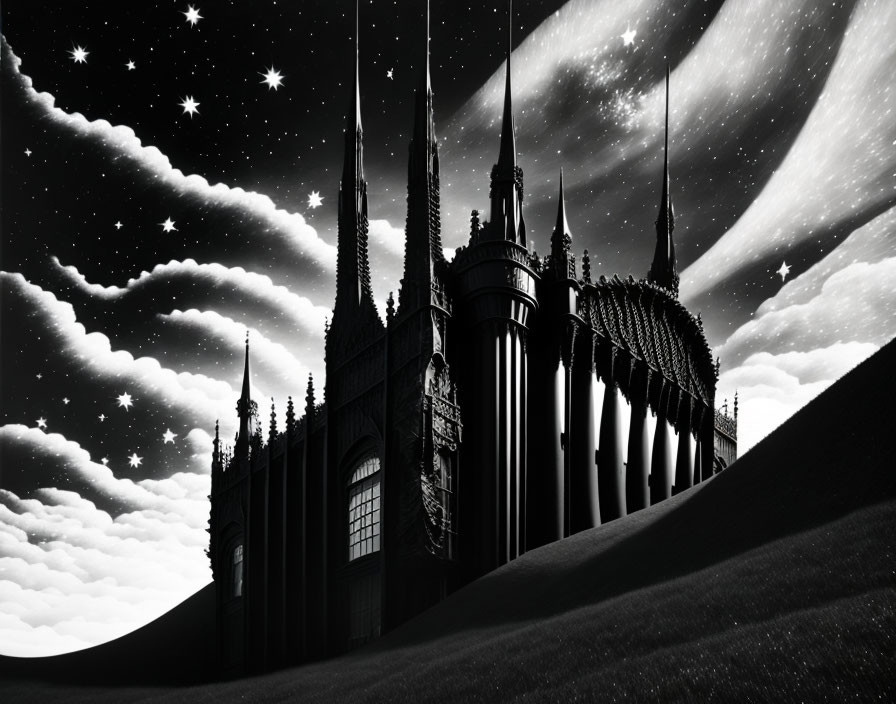 Gothic cathedral silhouette under starry night sky and swirling clouds.