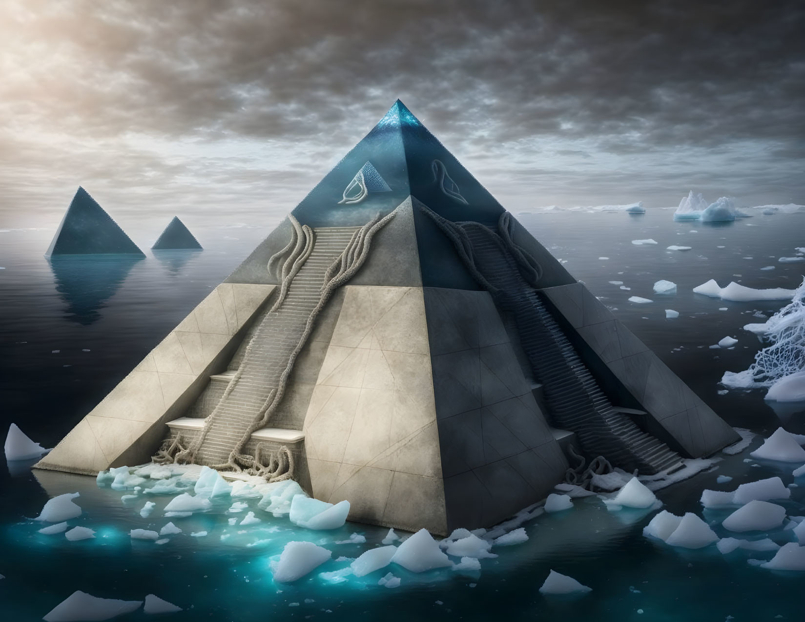 Surreal icy pyramid staircases under dramatic sky