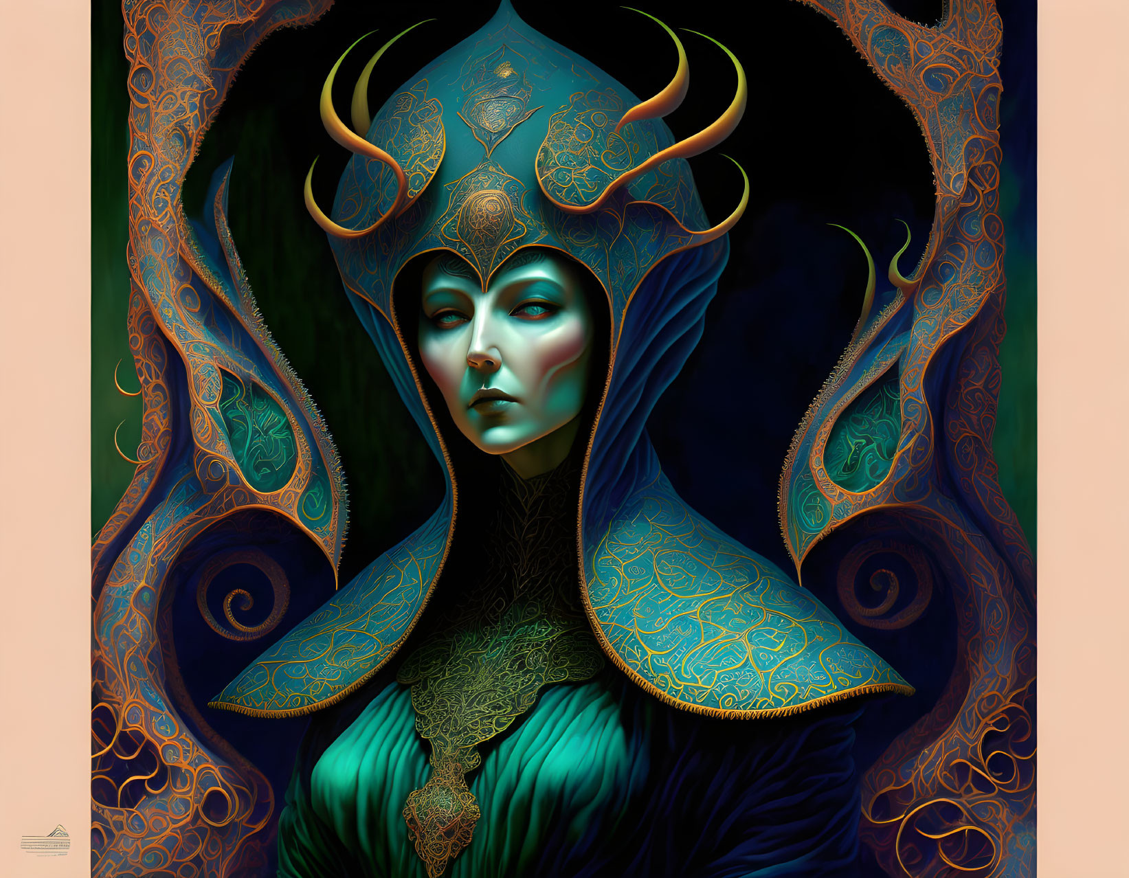 Digital artwork featuring female figure with horned headgear, tattoos, teal costume.