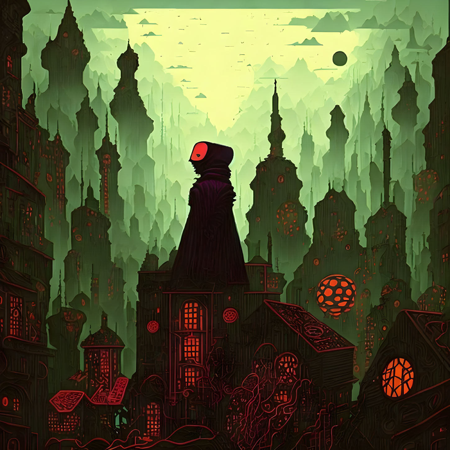 Cloaked figure with red mask gazes at green city under twilight sky