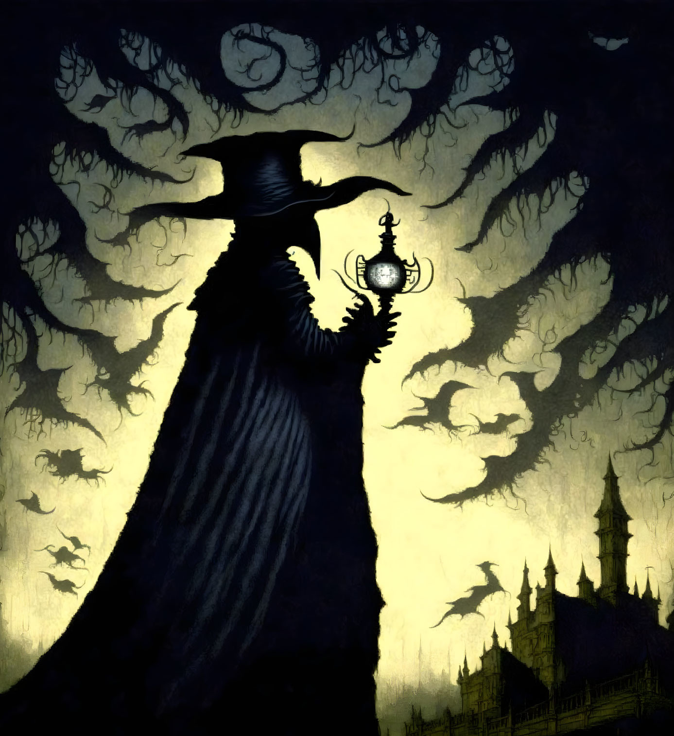 Mysterious figure with lantern surrounded by ghostly faces in Gothic landscape