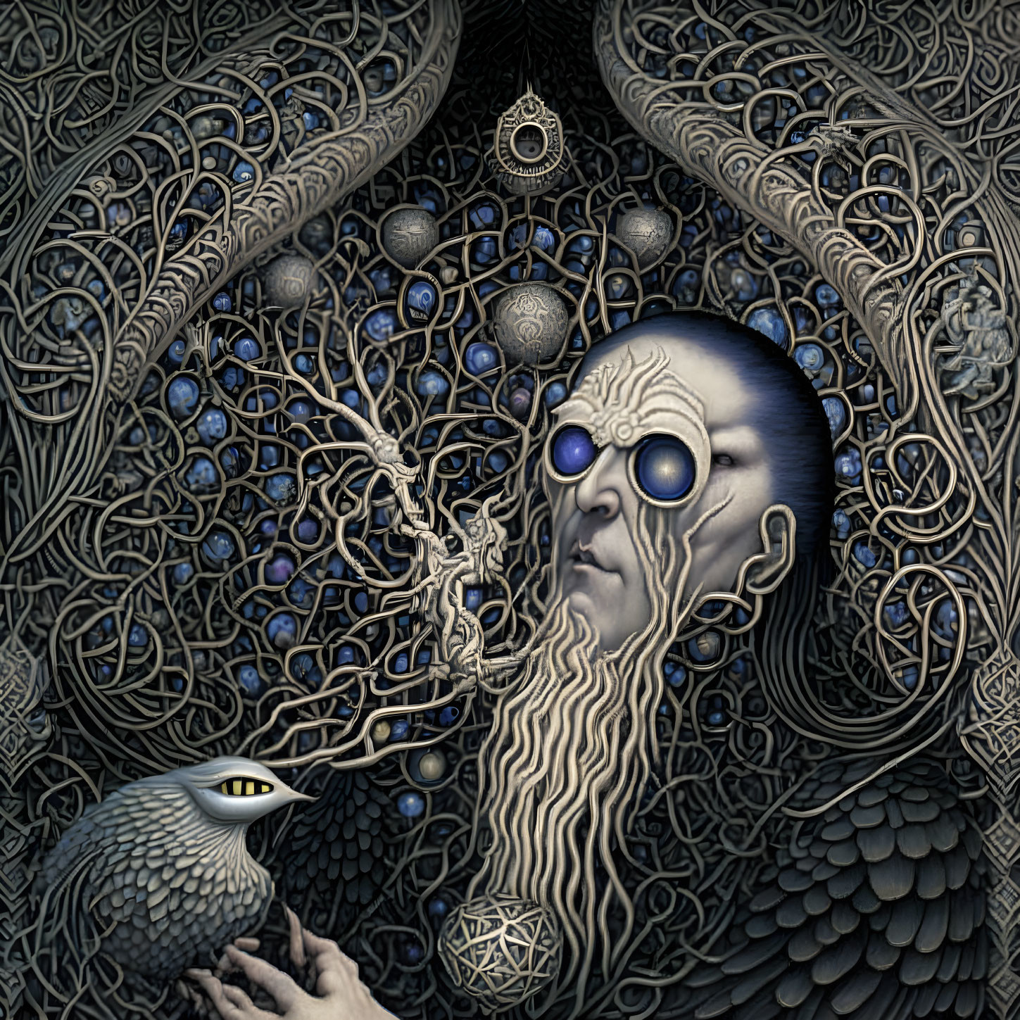 Detailed artwork of blue-skinned figure with swirling patterns and bird with large eye