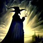 Mysterious figure with lantern surrounded by ghostly faces in Gothic landscape