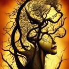 Woman's profile blending into golden tree branches: A detailed artistic representation