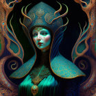 Digital artwork featuring female figure with horned headgear, tattoos, teal costume.