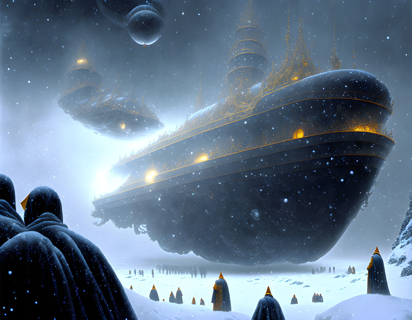 Grand illuminated airship over snowy landscape with ascending crafts