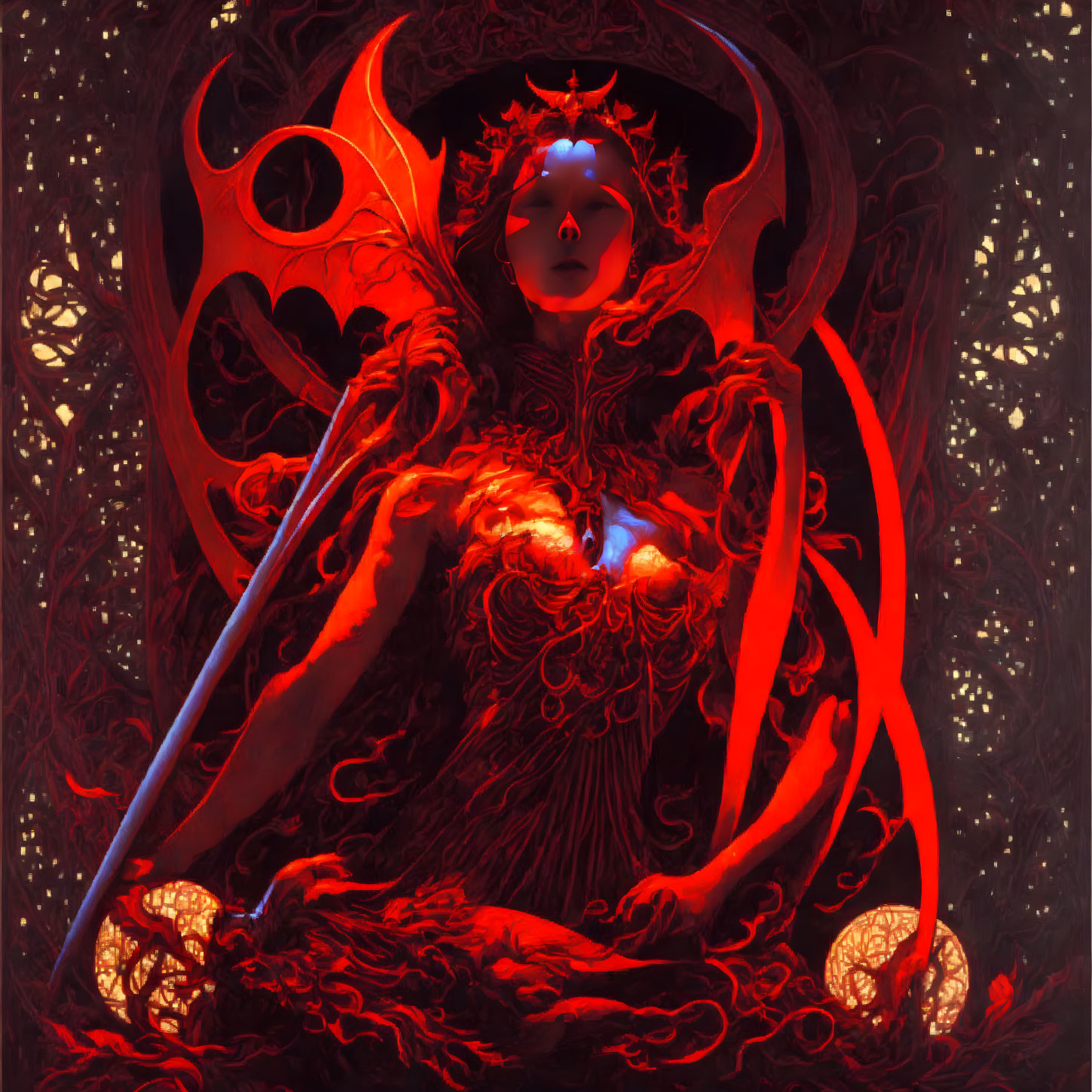 Mystical figure in red attire with glowing orb and intricate patterns