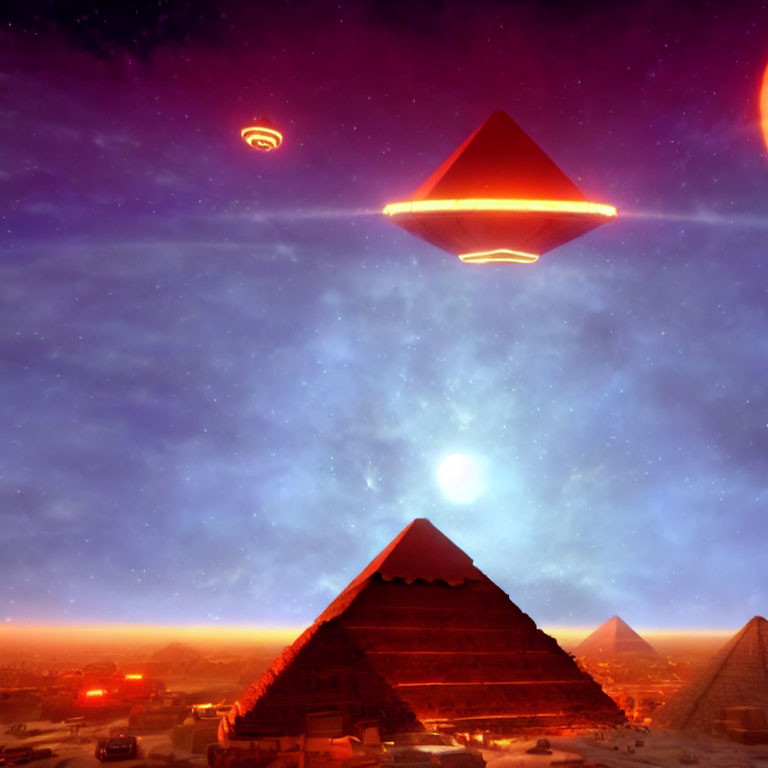 Digital Art: Flying Saucers over Egyptian Pyramids in Red Sky